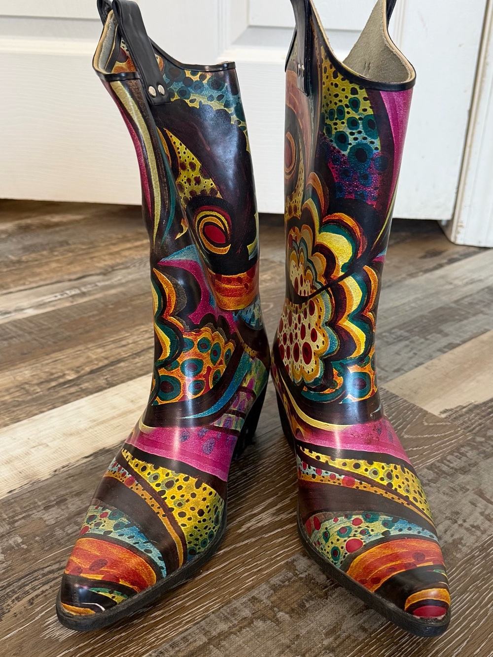 Nomad Black Multicolor Floral-Print Mid-Calf Heeled Rain Boots